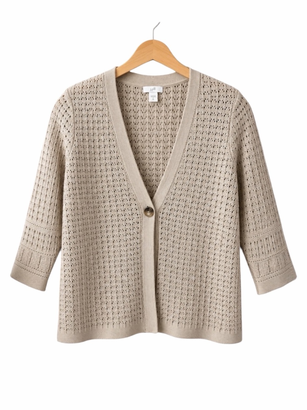 J. Jill Cardigan Sweater Beige Pointelle Knit Single Button Small Petite